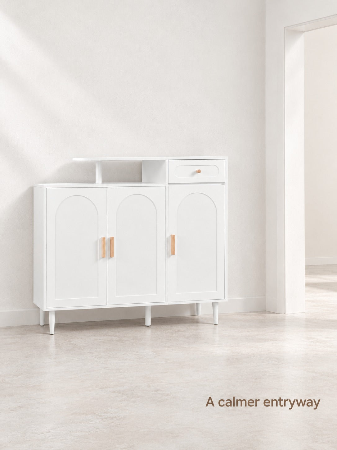 Shoe Cabinet with Arched Doors and Drawers, White Wood