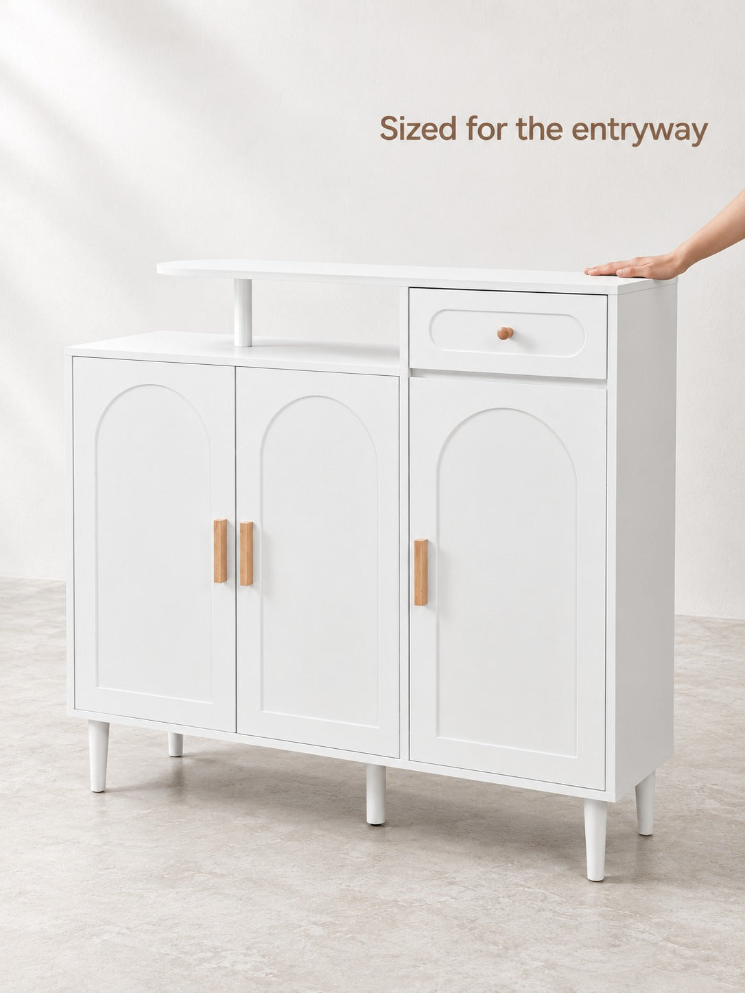 Shoe Cabinet with Arched Doors and Drawers, White Wood