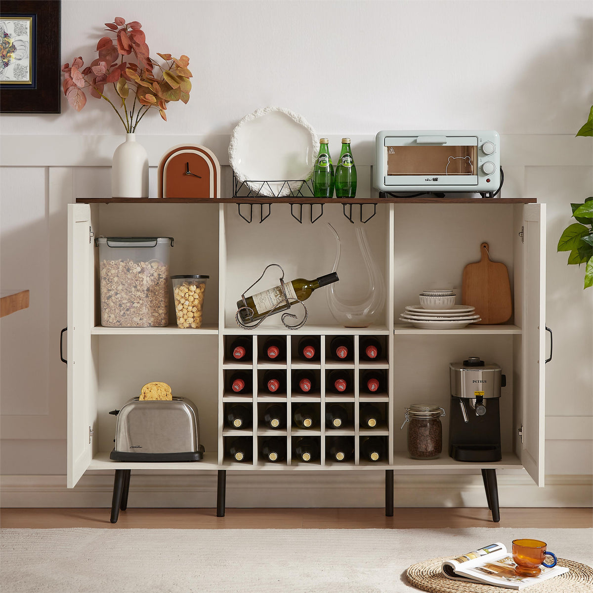 Farmhouse Wine Cabinet with Rack and Glass Storage