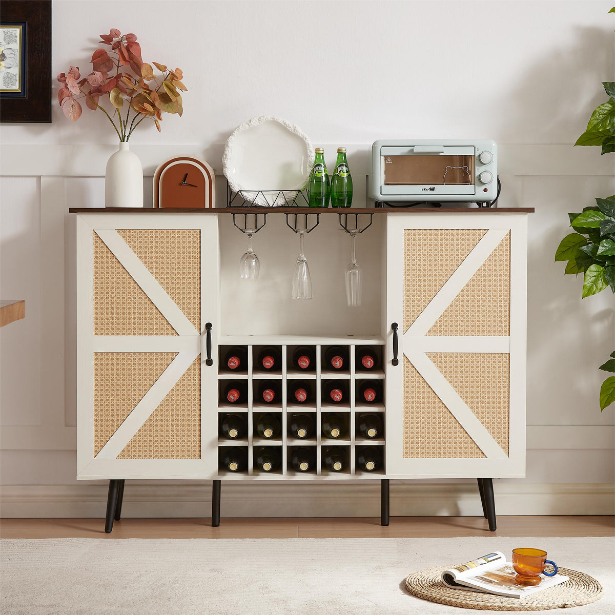 Farmhouse Wine Cabinet with Rack and Glass Storage