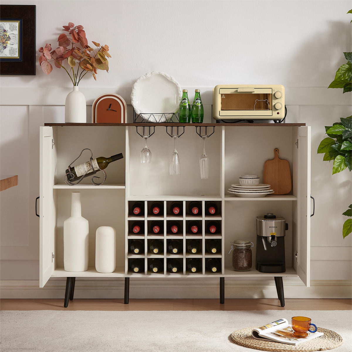 Farmhouse Wine Cabinet with Rack and Glass Storage
