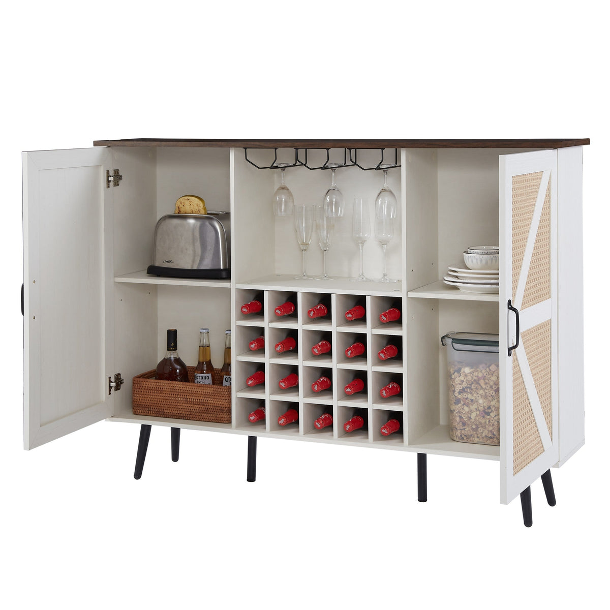 Farmhouse Wine Cabinet with Rack and Glass Storage