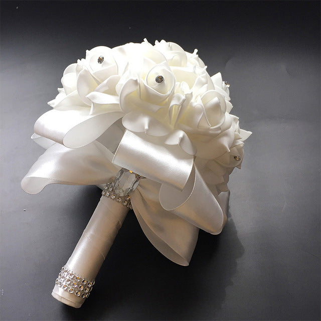 Ivory Rose Bridal Bouquet with Crystal Accents for Weddings