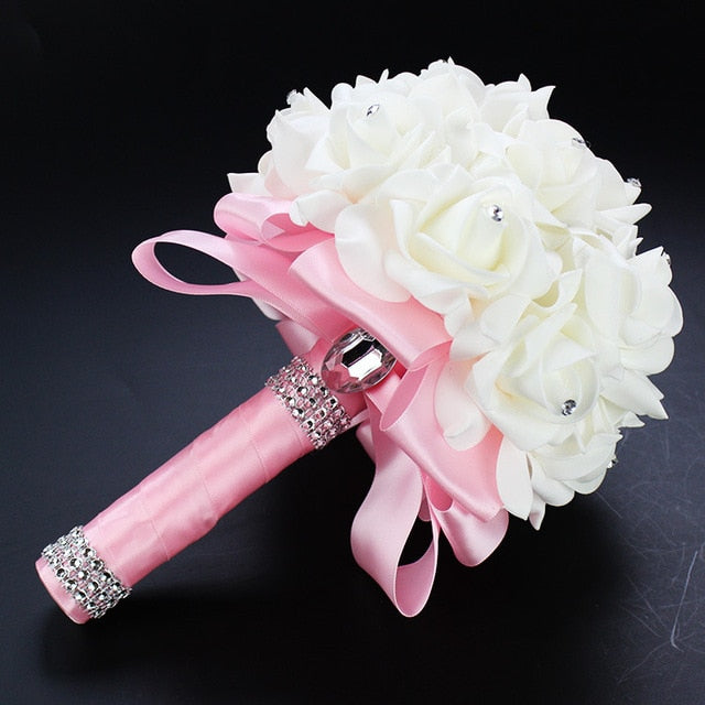 Ivory Rose Bridal Bouquet with Crystal Accents for Weddings