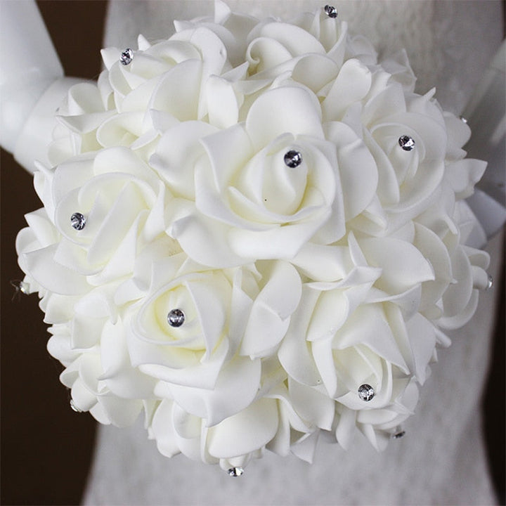 Ivory Rose Bridal Bouquet with Crystal Accents for Weddings