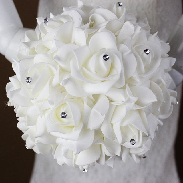 Ivory Rose Bridal Bouquet with Crystal Accents for Weddings