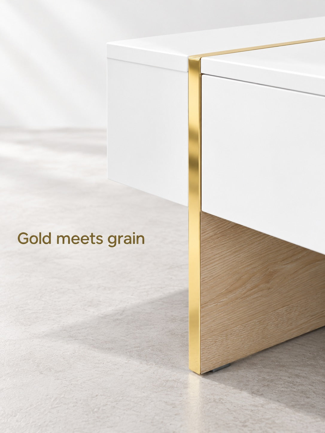 White Sofa Table with 2 Drawers and Gold Metal Trim