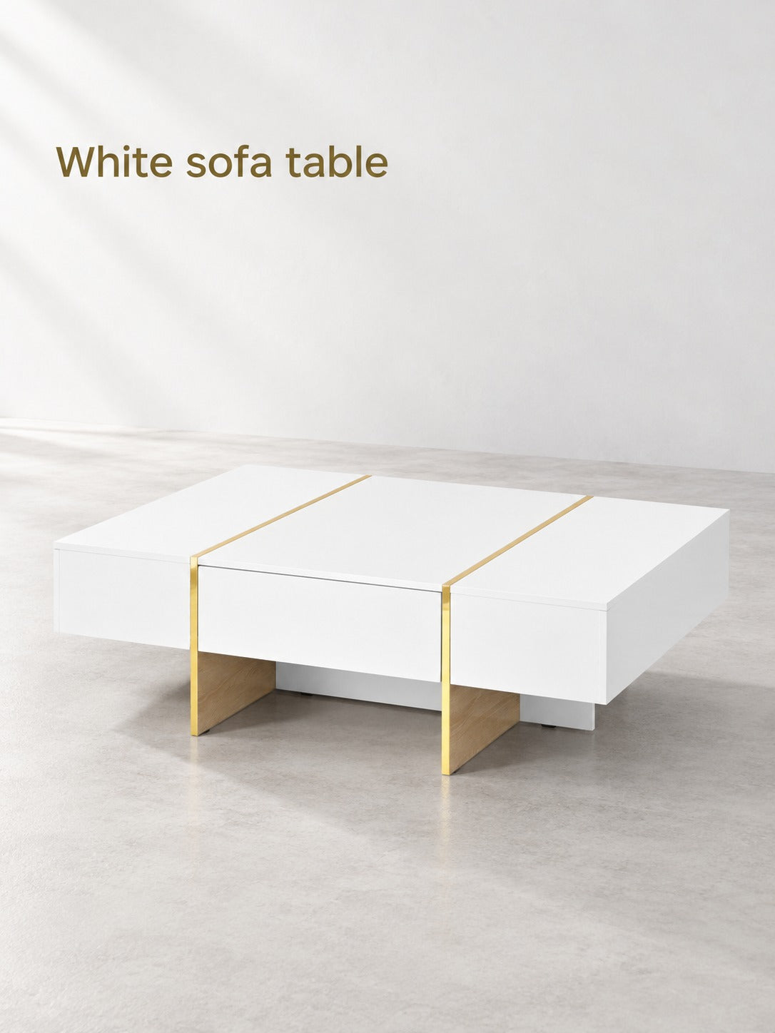 White Sofa Table with 2 Drawers and Gold Metal Trim