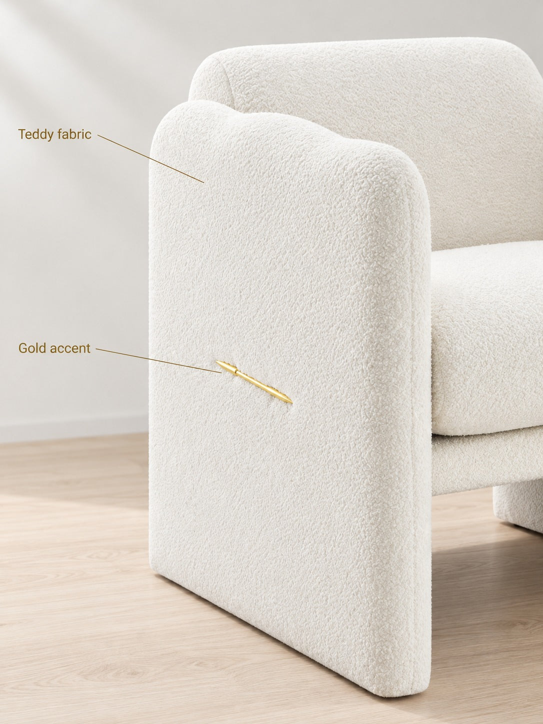 Plush White Teddy Accent Chair with Wavy Gold Armrests