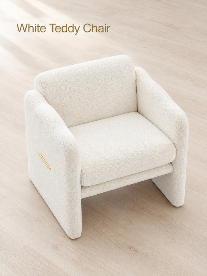 Plush White Teddy Accent Chair with Wavy Gold Armrests