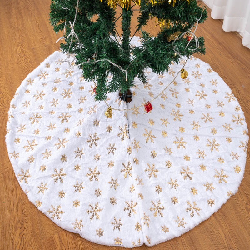 White Plush Christmas Tree Skirt With Gold Snowflakes