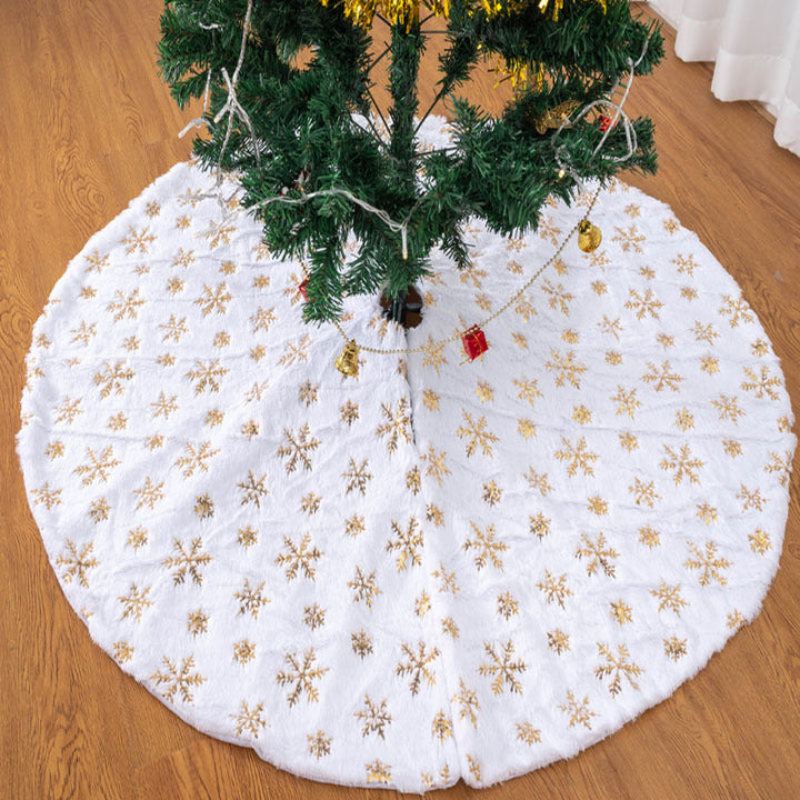 White Plush Christmas Tree Skirt With Gold Snowflakes