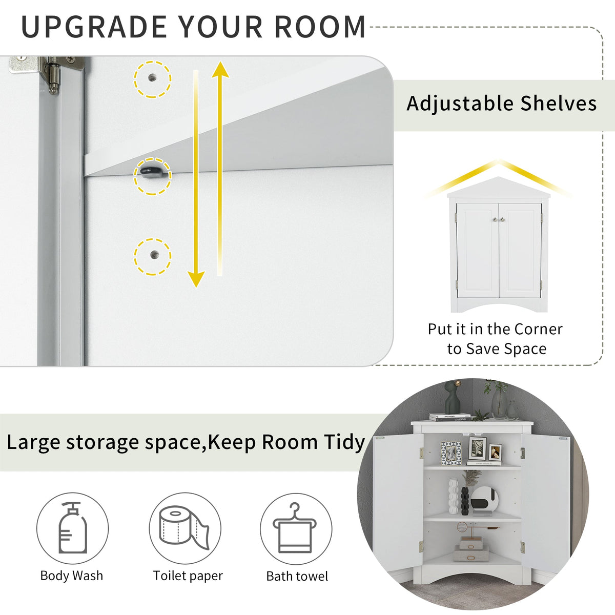 Corner Bathroom Storage Cabinet with Adjustable Shelves