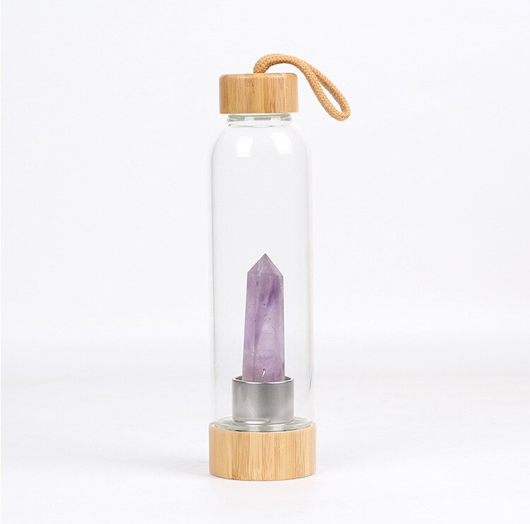 Glass Crystal Water Bottle with Bamboo Lid & Quartz