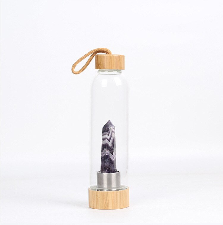 Glass Crystal Water Bottle with Bamboo Lid & Quartz