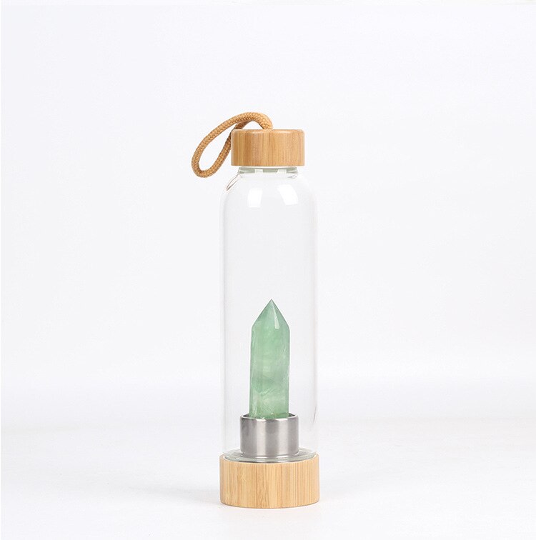 Glass Crystal Water Bottle with Bamboo Lid & Quartz