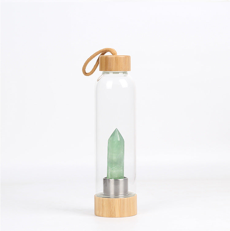 Glass Crystal Water Bottle with Bamboo Lid & Quartz