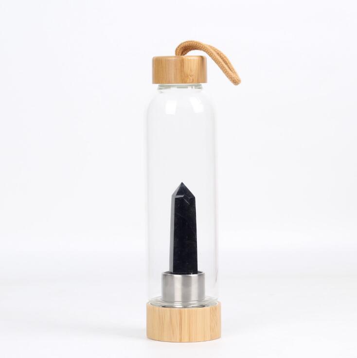 Glass Crystal Water Bottle with Bamboo Lid & Quartz