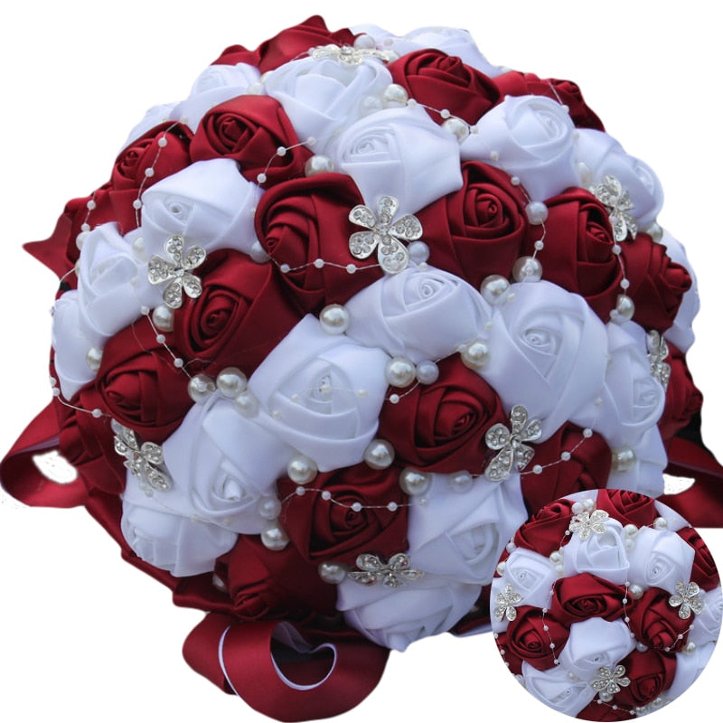 Burgundy Satin Rose Bridesmaid Bouquet for Weddings