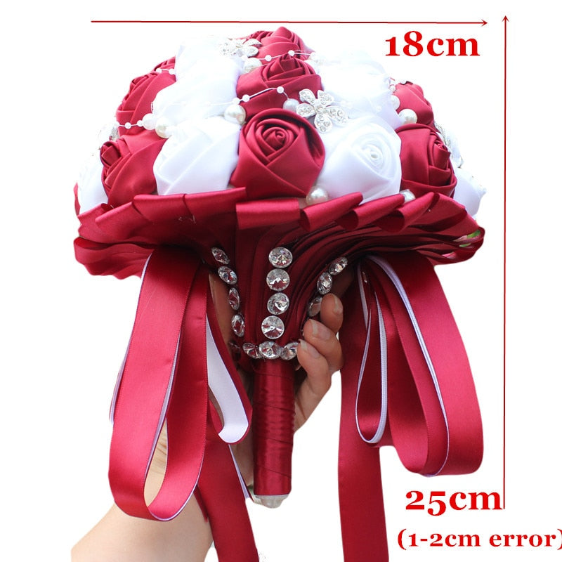 Burgundy Satin Rose Bridesmaid Bouquet for Weddings