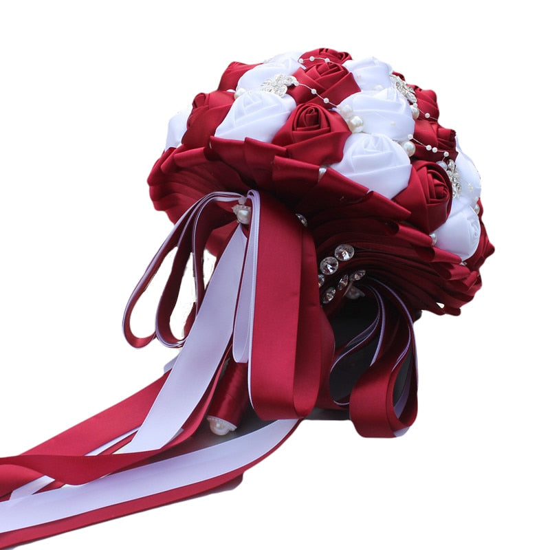 Burgundy Satin Rose Bridesmaid Bouquet for Weddings
