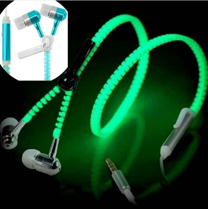 Glow-in-the-Dark Zipper Wired Earphones with Inline Mic