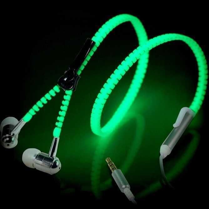 Glow-in-the-Dark Zipper Wired Earphones with Inline Mic