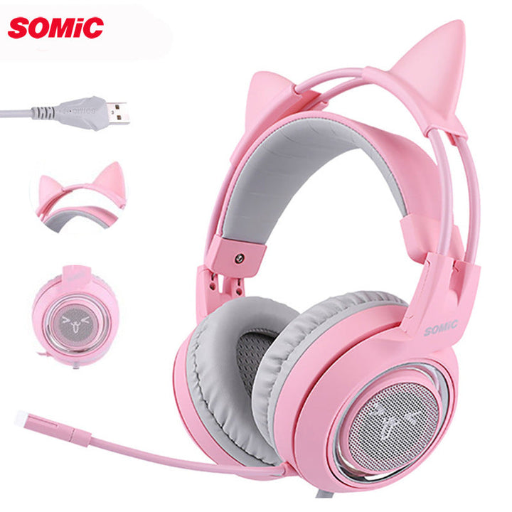 Pink Cat-Ear Gaming Headset with Mic and 7.1 Surround