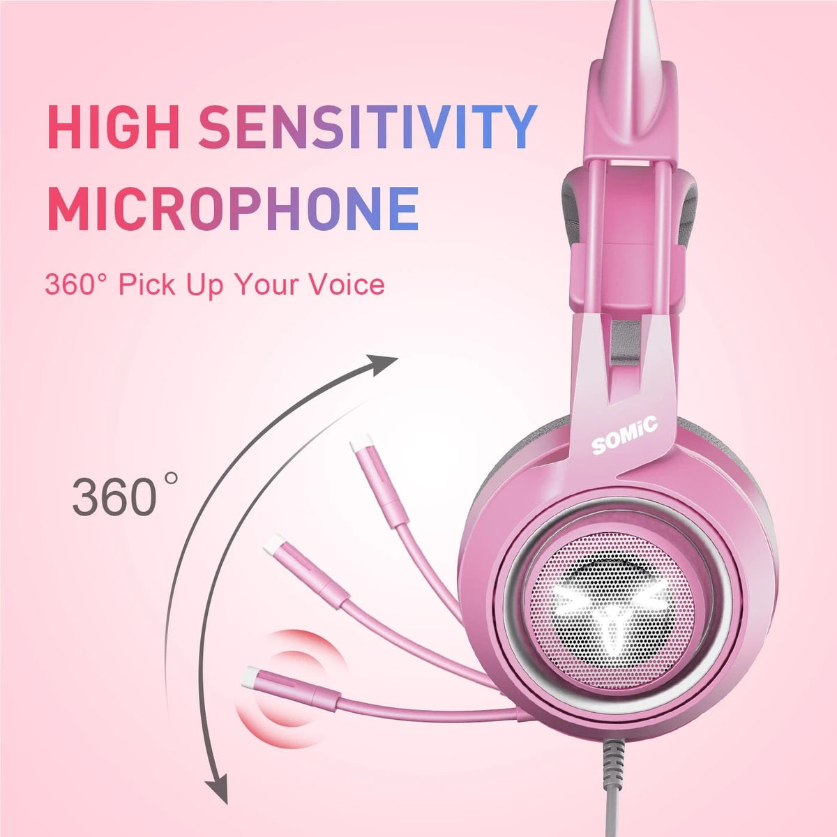 Pink Cat-Ear Gaming Headset with Mic and 7.1 Surround