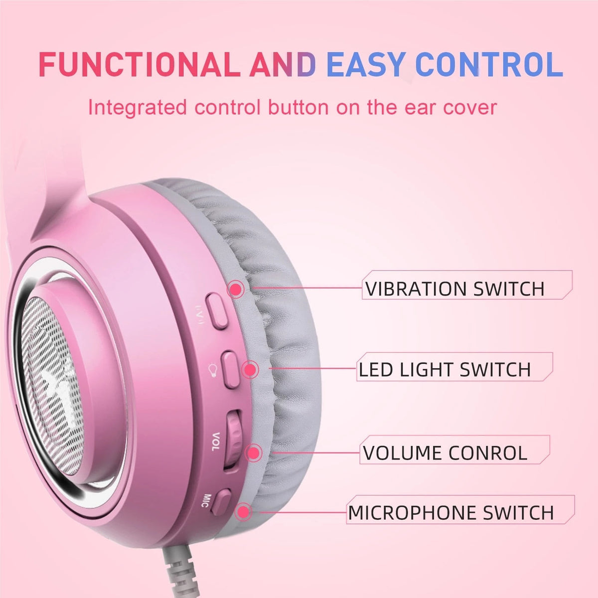 Pink Cat-Ear Gaming Headset with Mic and 7.1 Surround