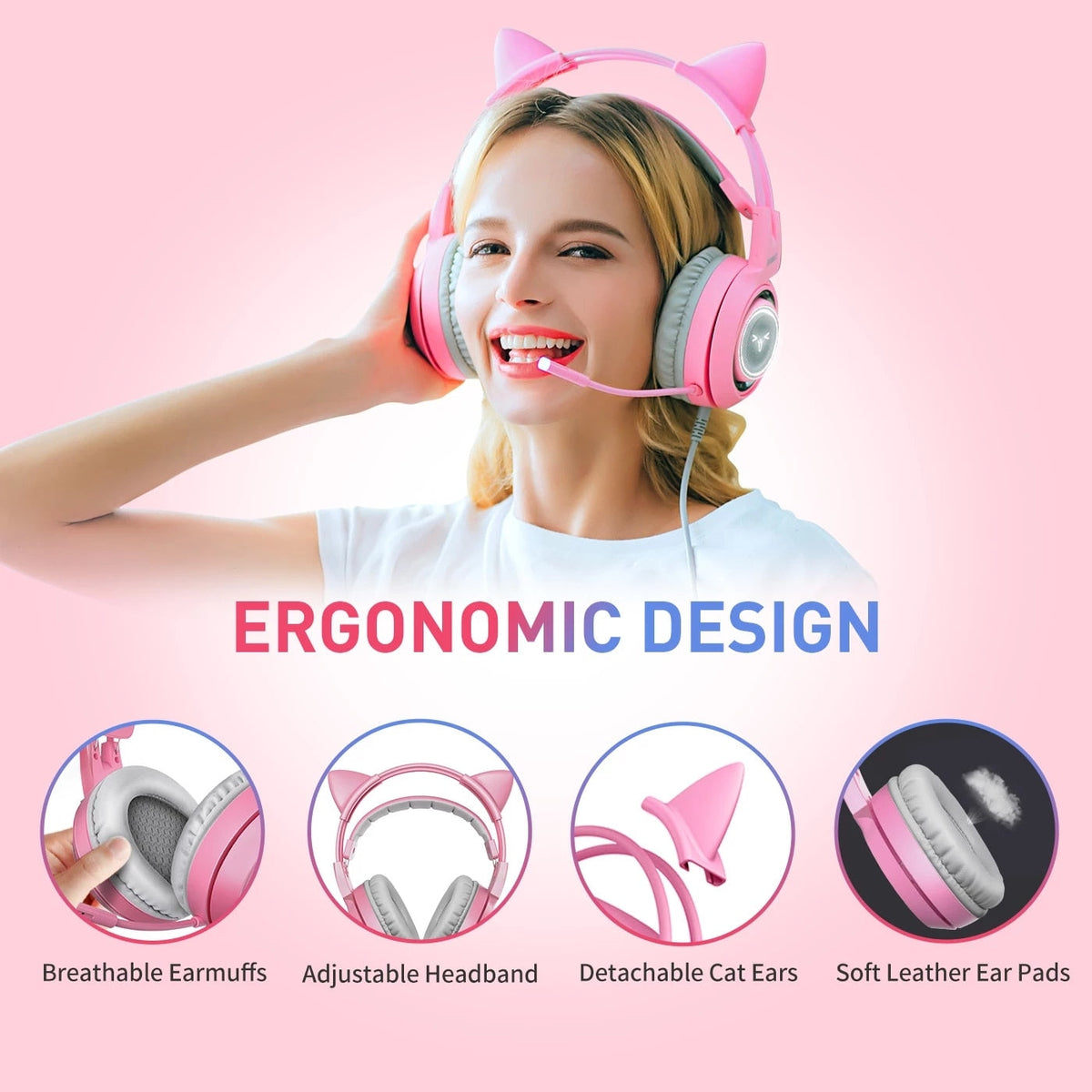 Pink Cat-Ear Gaming Headset with Mic and 7.1 Surround
