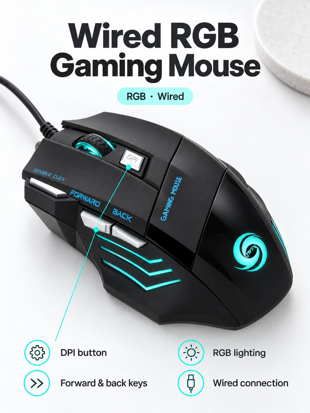 Wired RGB Gaming Mouse with DPI Button and Side Keys