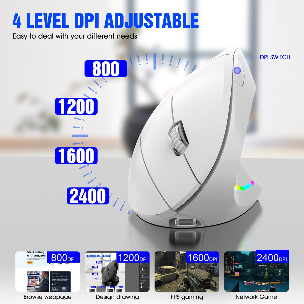 Wireless Vertical Mouse for Wrist Comfort & RGB Glow