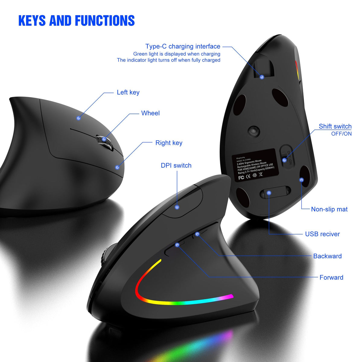 Wireless Vertical Mouse for Wrist Comfort & RGB Glow