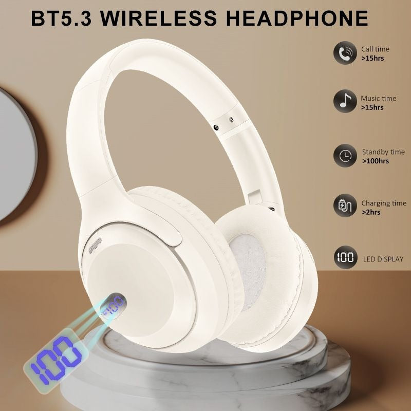 Wireless Headphones with Battery Display & Foldable