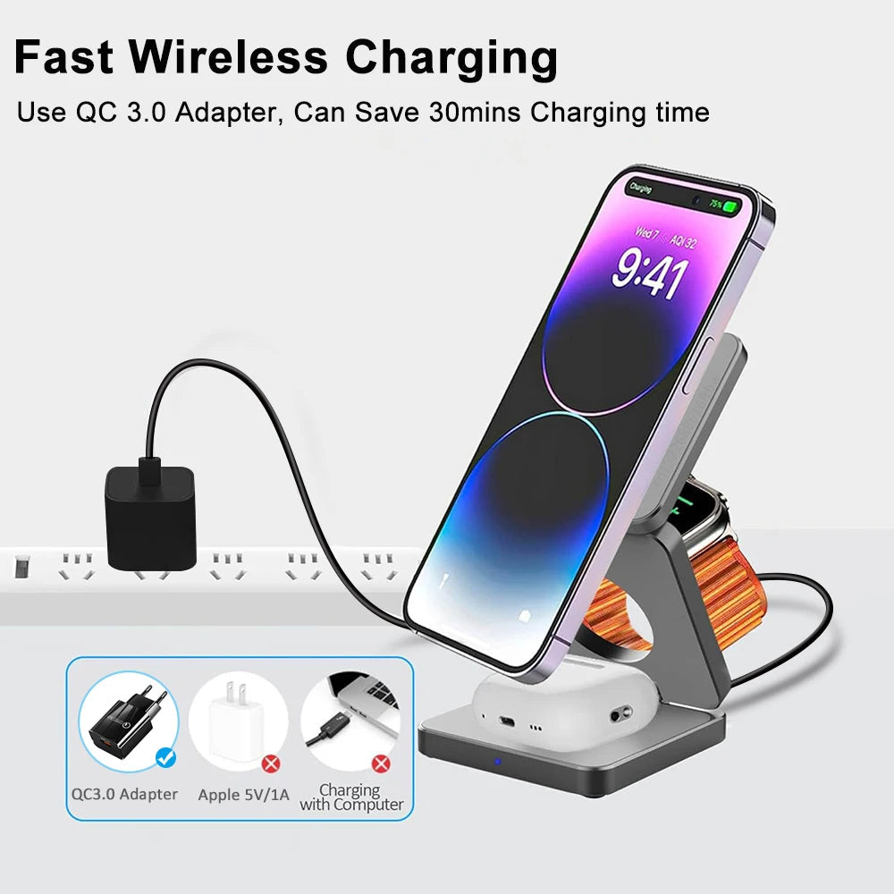 Foldable 3-in-1 Wireless Charger for iPhone & Apple Watch