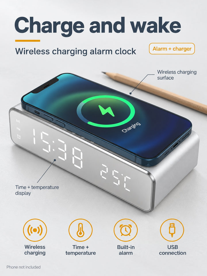 Wireless Charging Alarm Clock with Temperature Display