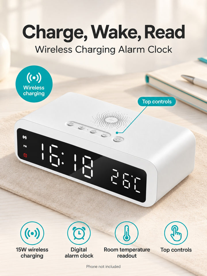 15W Wireless Charging Alarm Clock with Thermometer