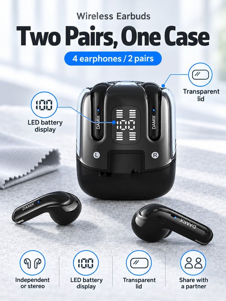 Wireless Earbuds 2 Pairs, Independent or Stereo Sharing
