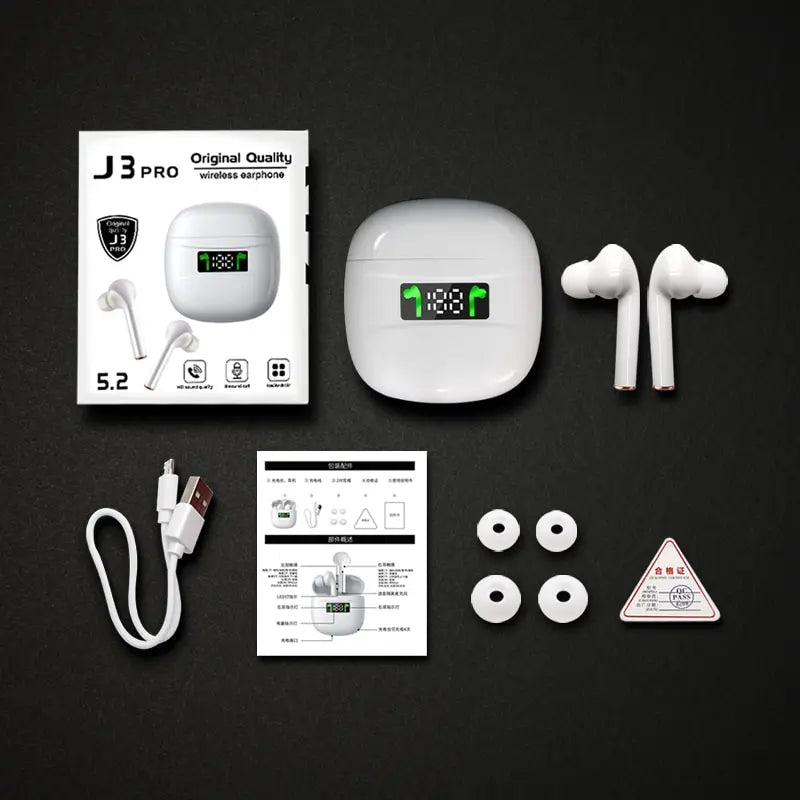 Wireless Earbuds with LED Battery Display and Secure Fit