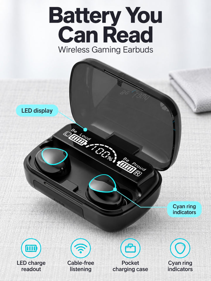 Wireless Gaming Earbuds with LED Battery Display Case