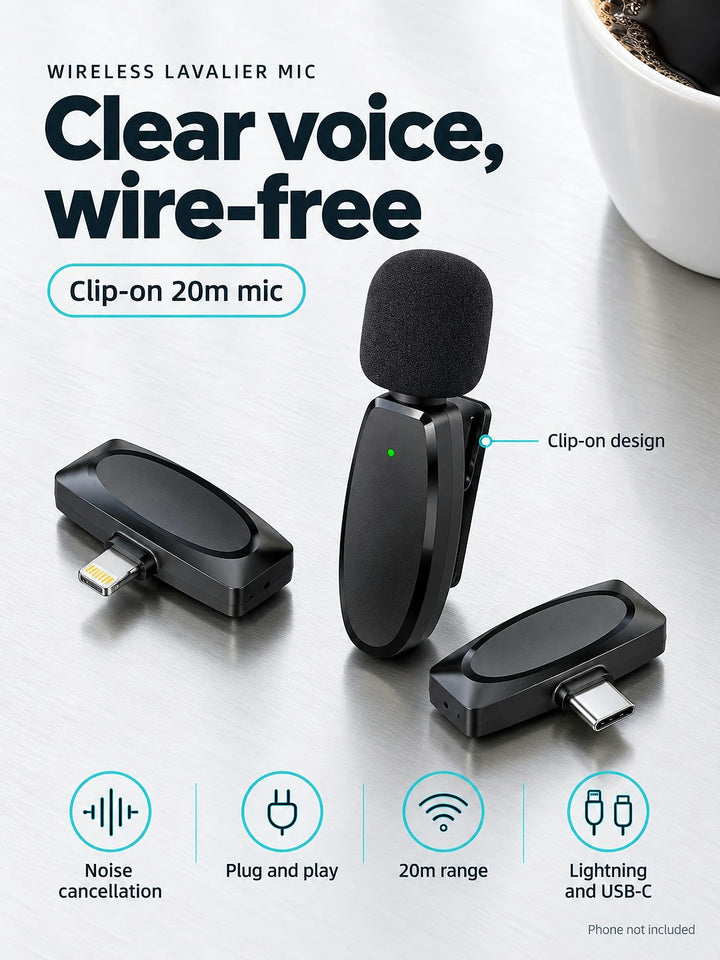 Wireless Lavalier Mic for Phone, Clip-On 20m Range