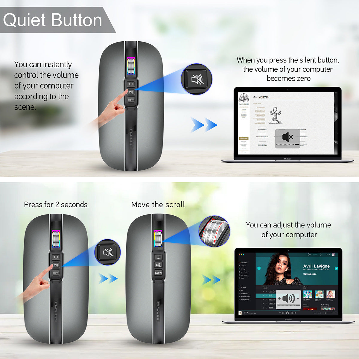 Silent Wireless Mouse with Volume Control, 2.4G & Bluetooth