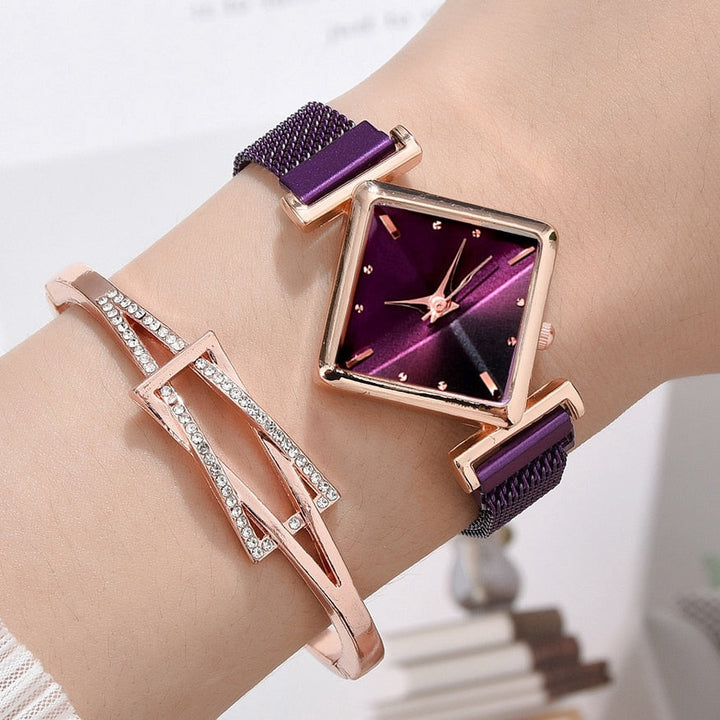 Women's Square Quartz Watch with Magnetic Mesh Strap