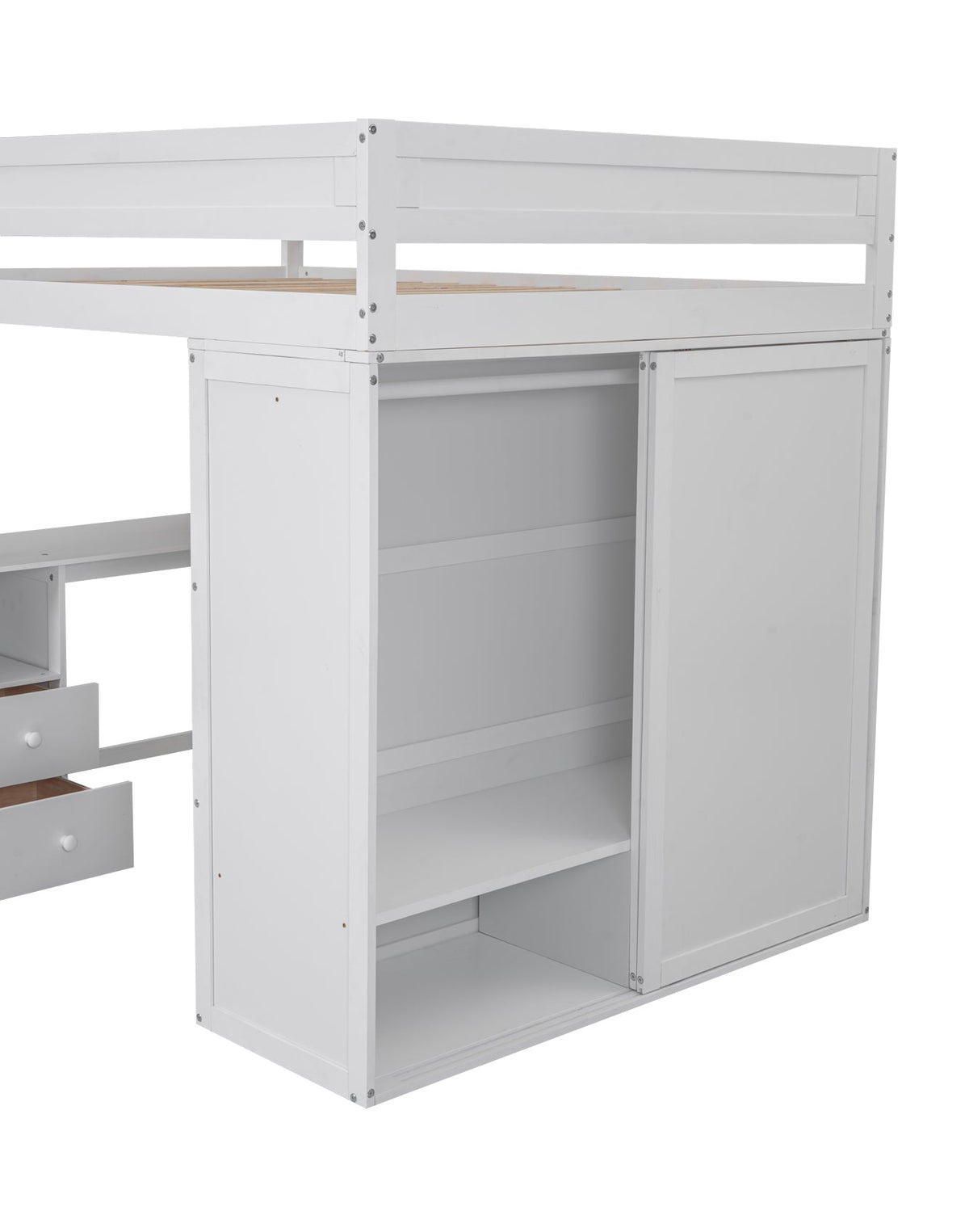 Full Size Loft Bed with Desk and Wardrobe, White Wood