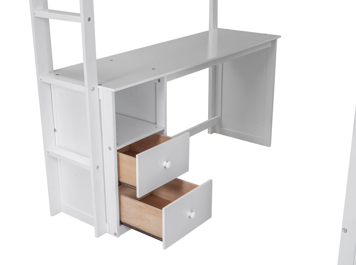 Full Size Loft Bed with Desk and Wardrobe, White Wood