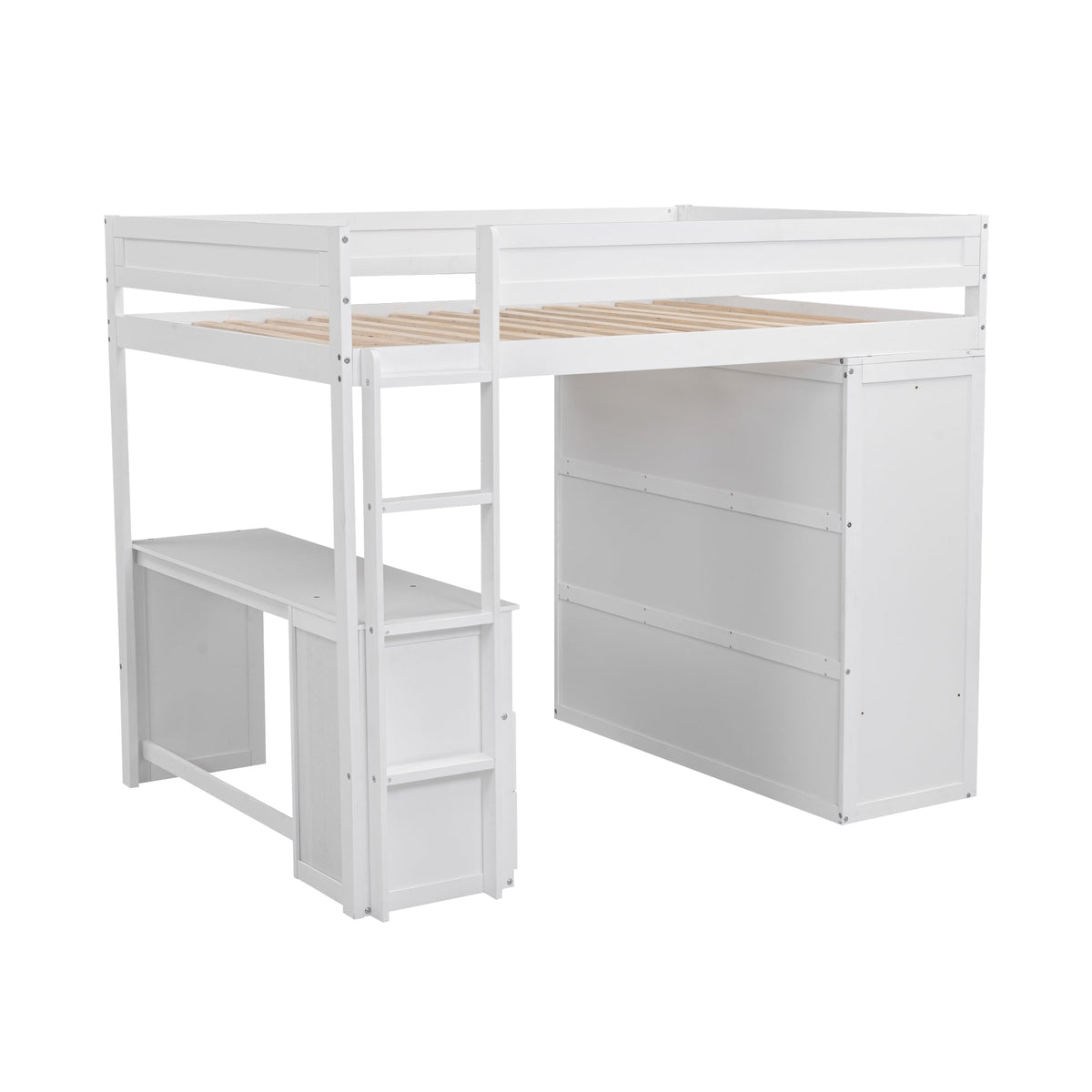 Full Size Loft Bed with Desk and Wardrobe, White Wood