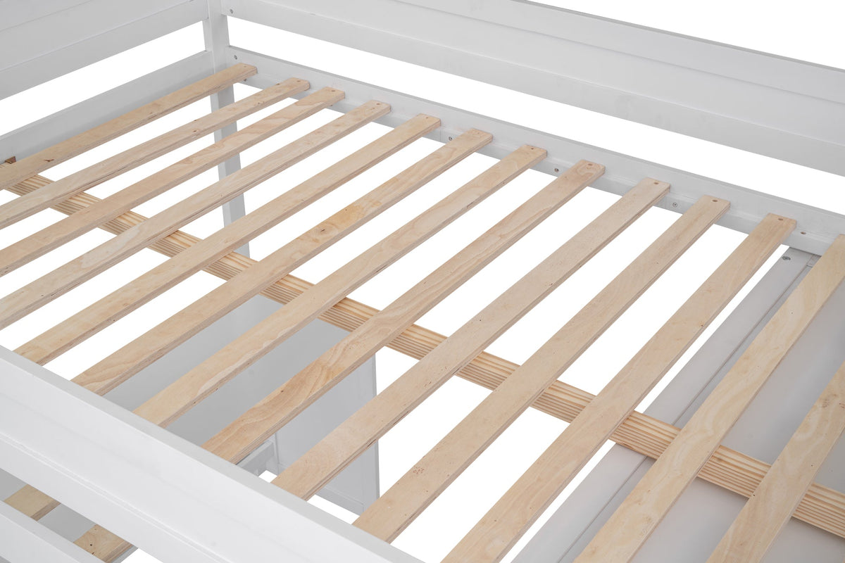 Full Size Loft Bed with Desk and Wardrobe, White Wood