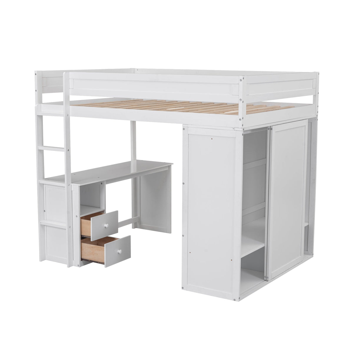 Full Size Loft Bed with Desk and Wardrobe, White Wood