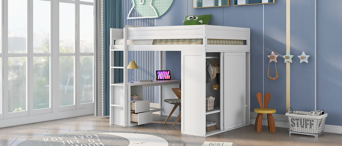 Full Size Loft Bed with Desk and Wardrobe, White Wood